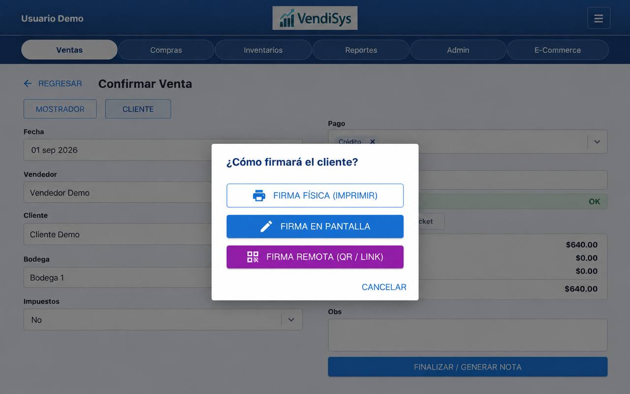Modal real con opciones de firma física, en pantalla o remota