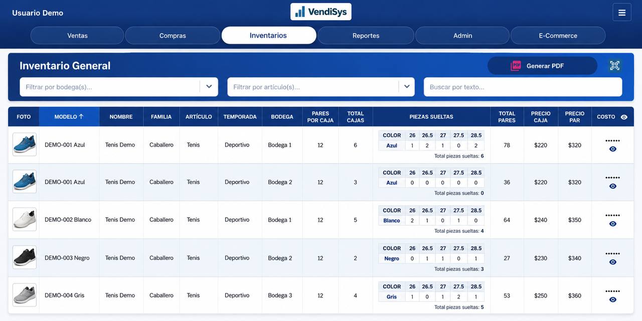 Inventario de VendiSys Pro con pares por caja y matriz por color y talla